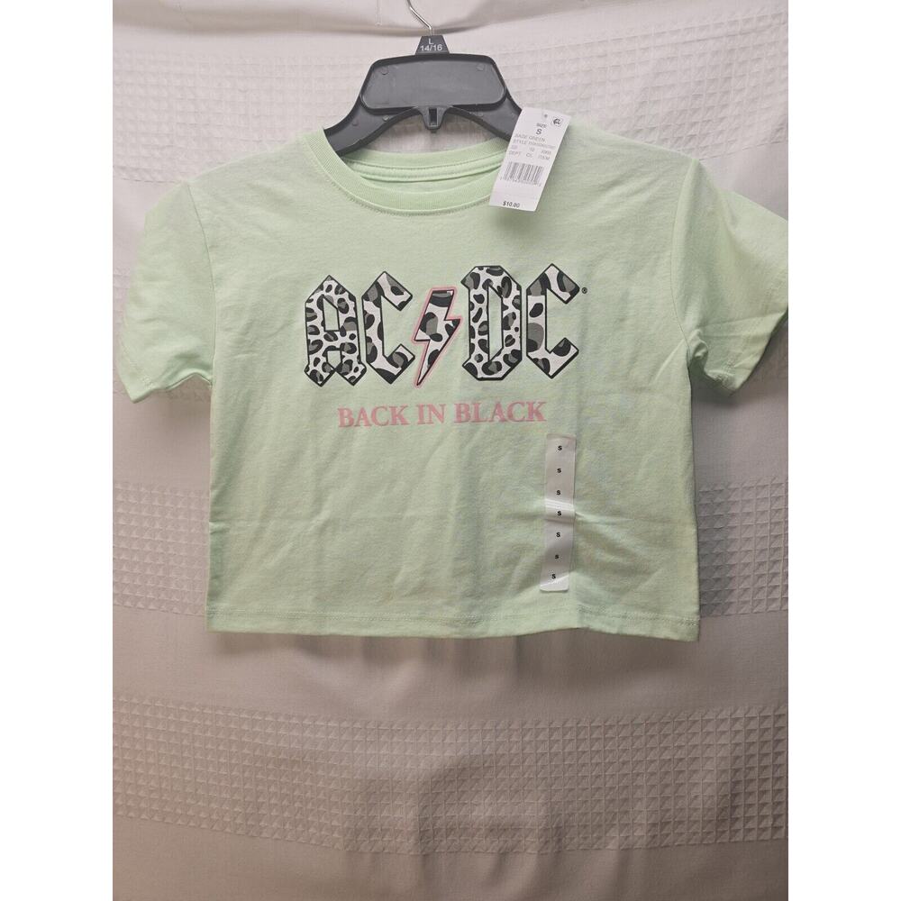NEW GIRLS SAGE GREEN ACDC AC/DC CROPPED T-SHIRT SIZE Small 4-6 6152